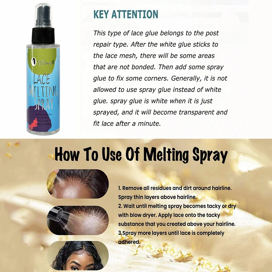 Spray de fusión de encaje de 120 ml, spray de fusión de peluca de encaje, fuerte sujeción de acabado natural, spray de fusión de peluca