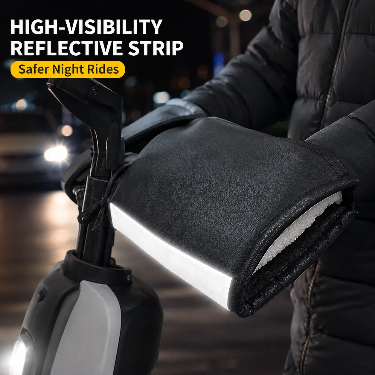 Winter Motorcycle Handlebar Muffs PU Leather Waterproof Warm Gloves With Reflective Strip Thick Fleece Lined Scooter E‑Bike Hand