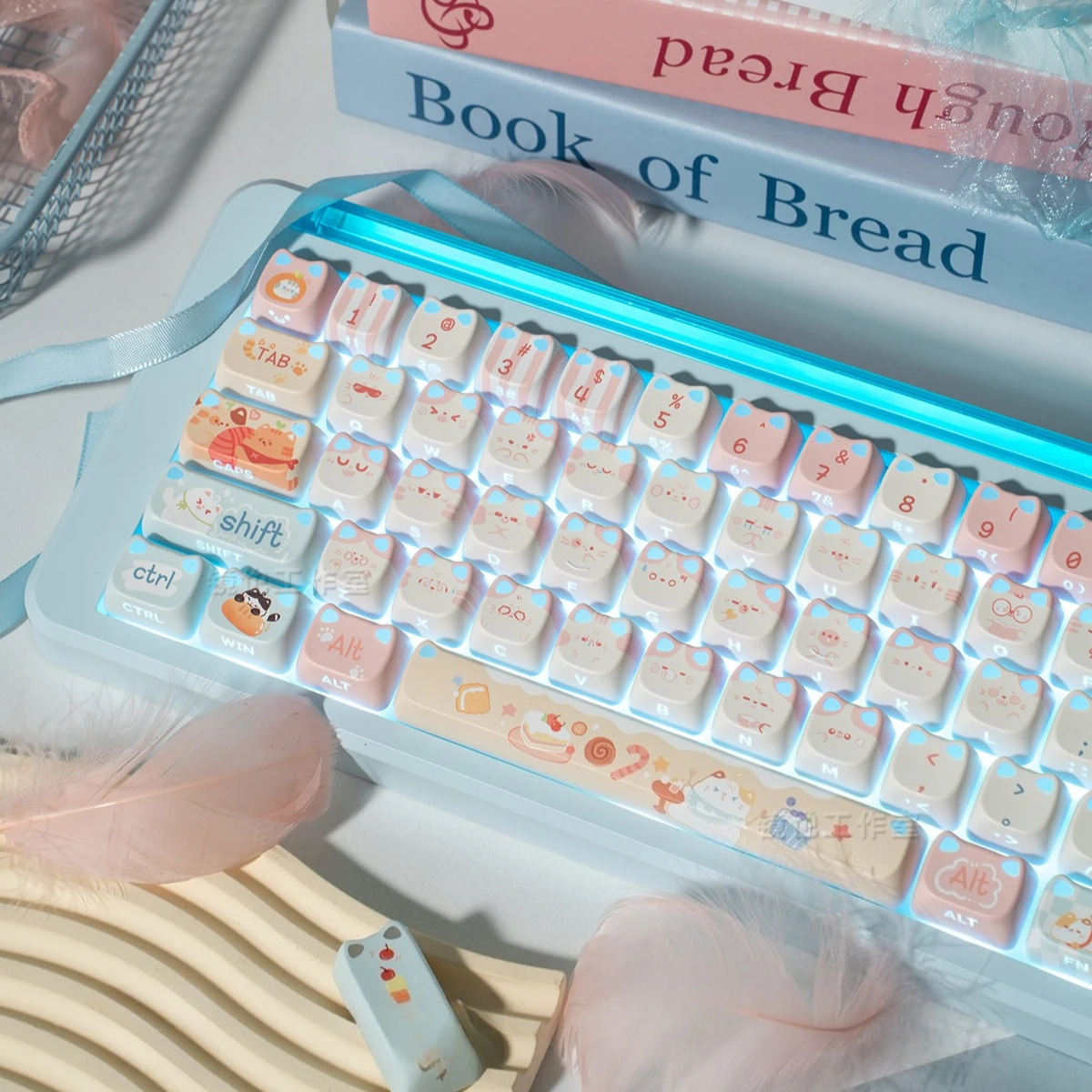 Cute Cat Ear Keycaps MAO Profile Side‑Printed Shine RGB Transparent PBT Sublimation Key Caps for MX Switches Mechanical Keyboard