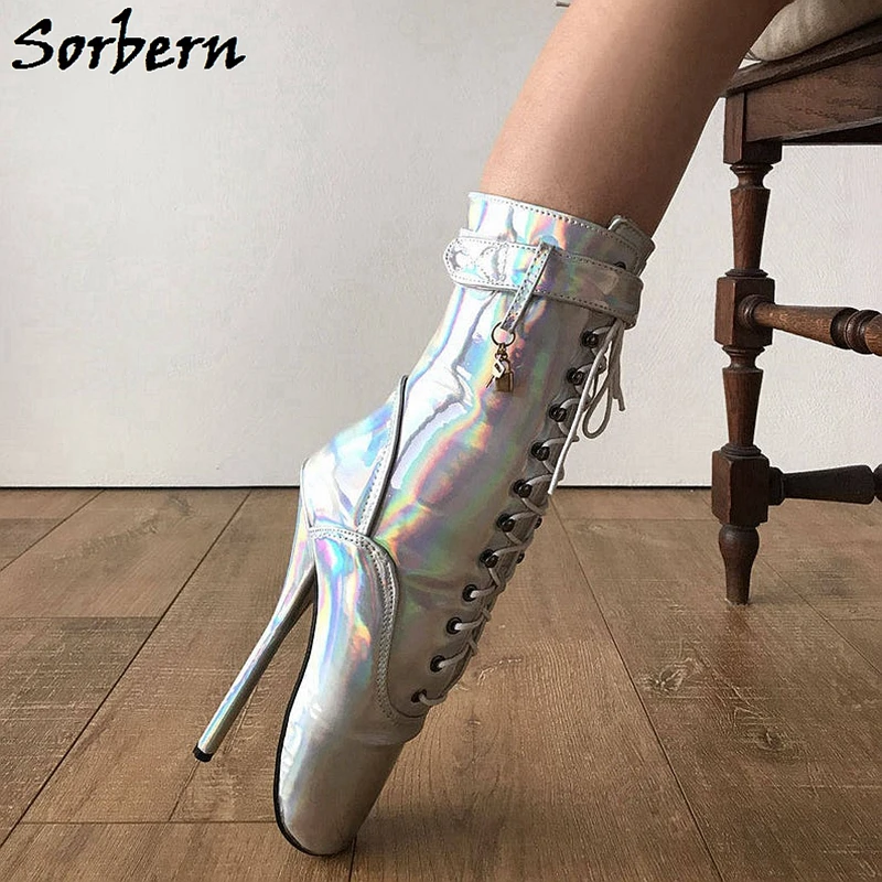 Sorbern Ballet Pointe Boots Sliver Holographic Rainbow  Ankle Boots For Womens Dancer Boots Plus Size High Heels