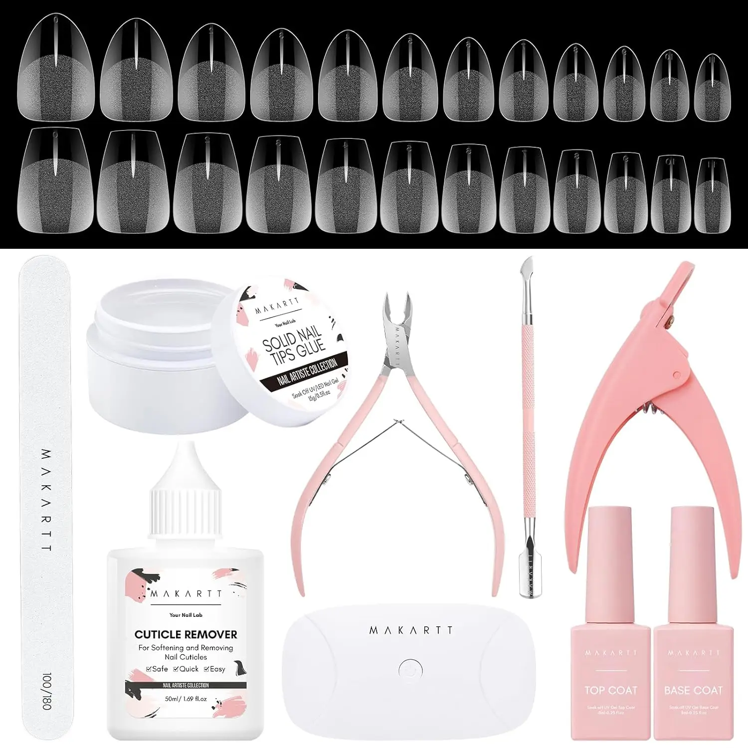 Makartt Nail Glue and Nail Tips kit ,Solid Nail Glue Gel 15ML with Almond & Coffin Pre-buffed Gel Fake Nails UV Nail Lamp