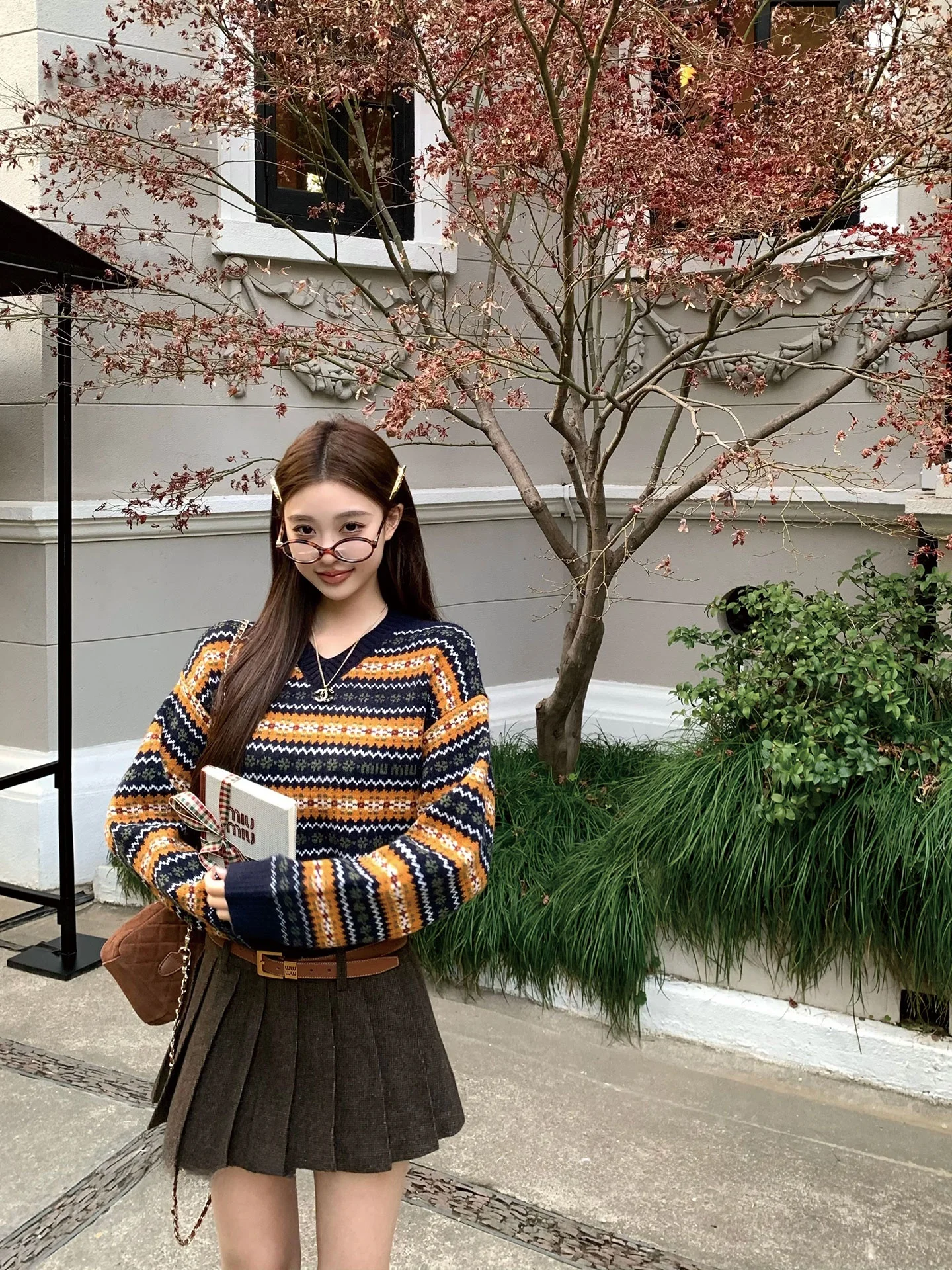 Okaaay Autumn Caramel Loose Striped Color Blo Knitwear Korean Sle V-Ne Long Sve Sweater Casual Slimming Effectiven
