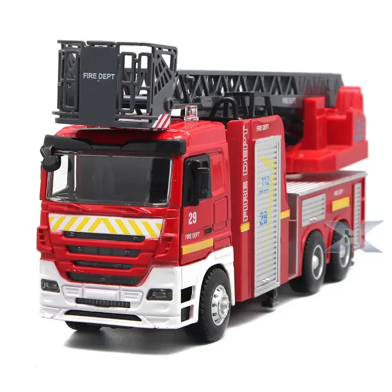 [Funny] 1:32 Lift ladder fire fighting truck toy Firemen open door light and sound alloy car model kids child gift Traffic toy