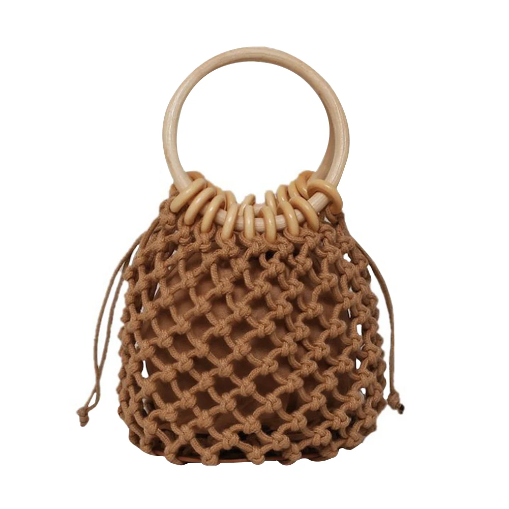 Woman Straw Bag Summer Girl Fashion Woven Handbag Beach Style Wood Handle Drawstring Bucket Bag Knit Travel Bags Rattan Purses