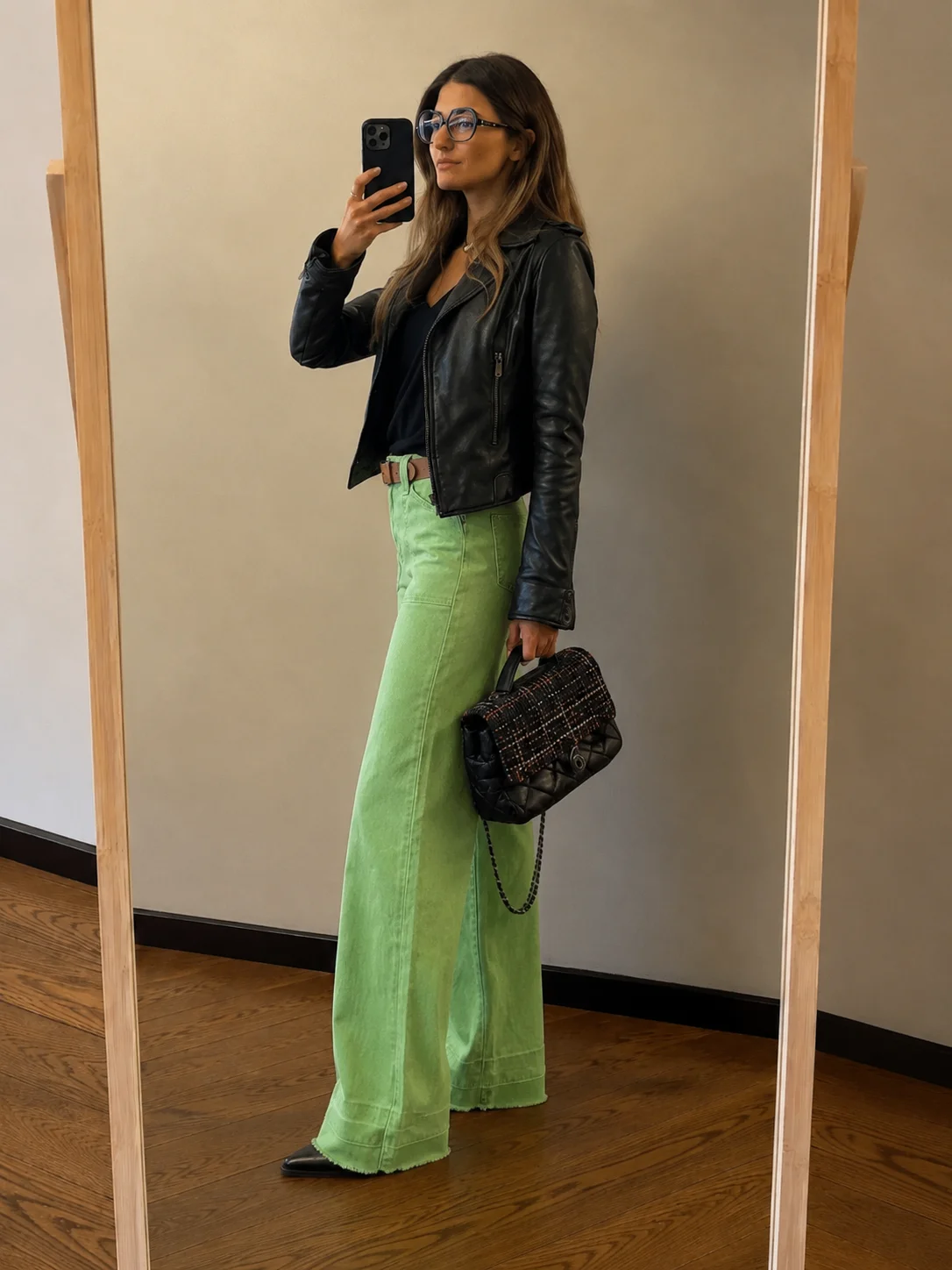 Women Vintage Green High Waist Flare Jeans Front Pockets Frayed Hem Wide Leg Denim Pants Casual Fashion Streetwear Ladies Color