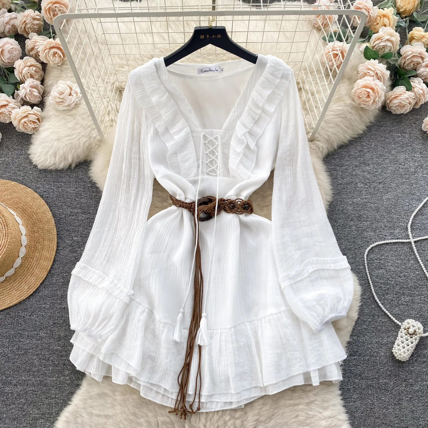 Summer Short White Dress for Women Ruffle Bohemian Hem Dress Drawstring U-Neck Belted Tassel Knee Traf Beach Vacation New In