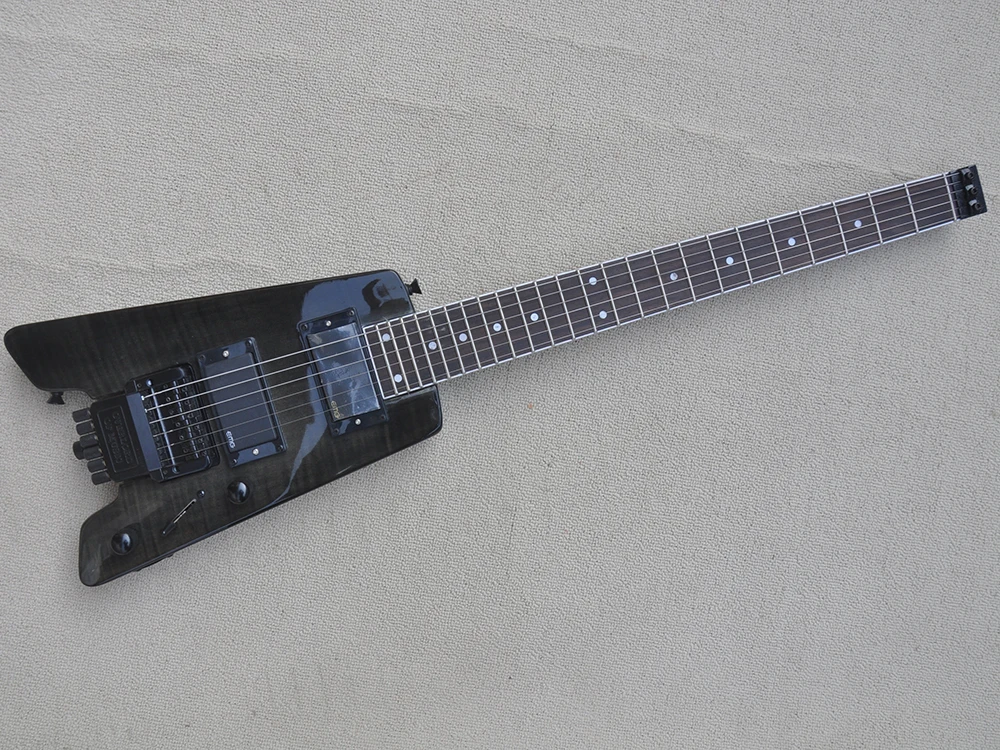 Black Headless Electric Guitar with Flame Maple Veneer,24 Frets,Customized Logo/Color Available