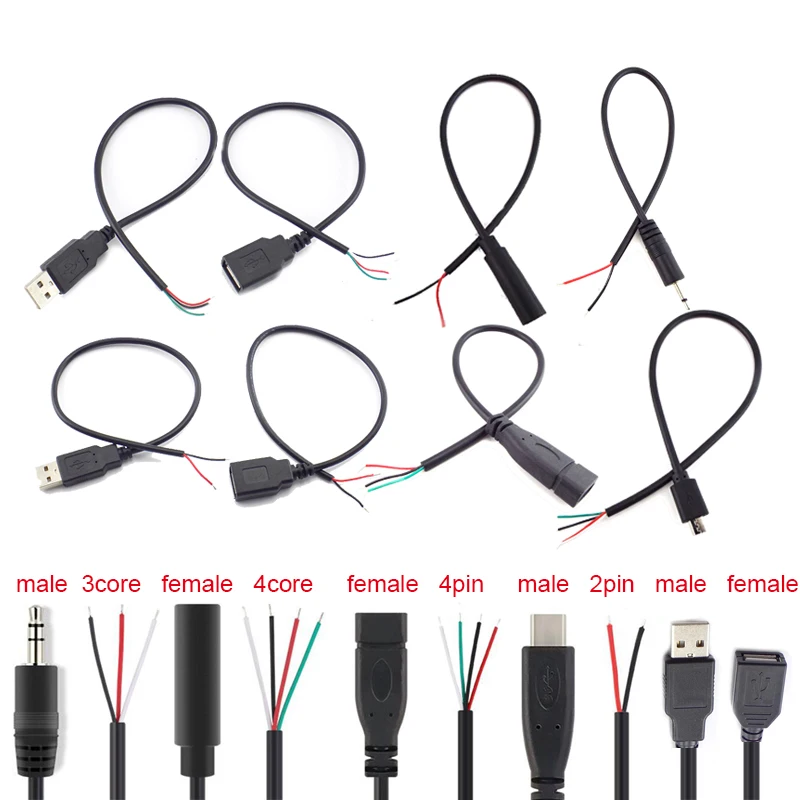 5 Types Wire Micro USB 2.0 Type-C AUX Mono Connector Power Supply Extension Cable Charger Male to Female 2-pin 4-pin Data Line