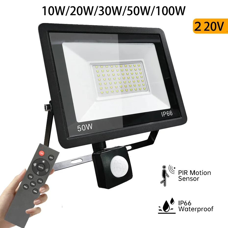 10W-100W LED Floodlight PIR Motion Sensor IP66 Waterproof Outdoor Garden/Street Spotlight AC220V 6000K with IR Remote Control