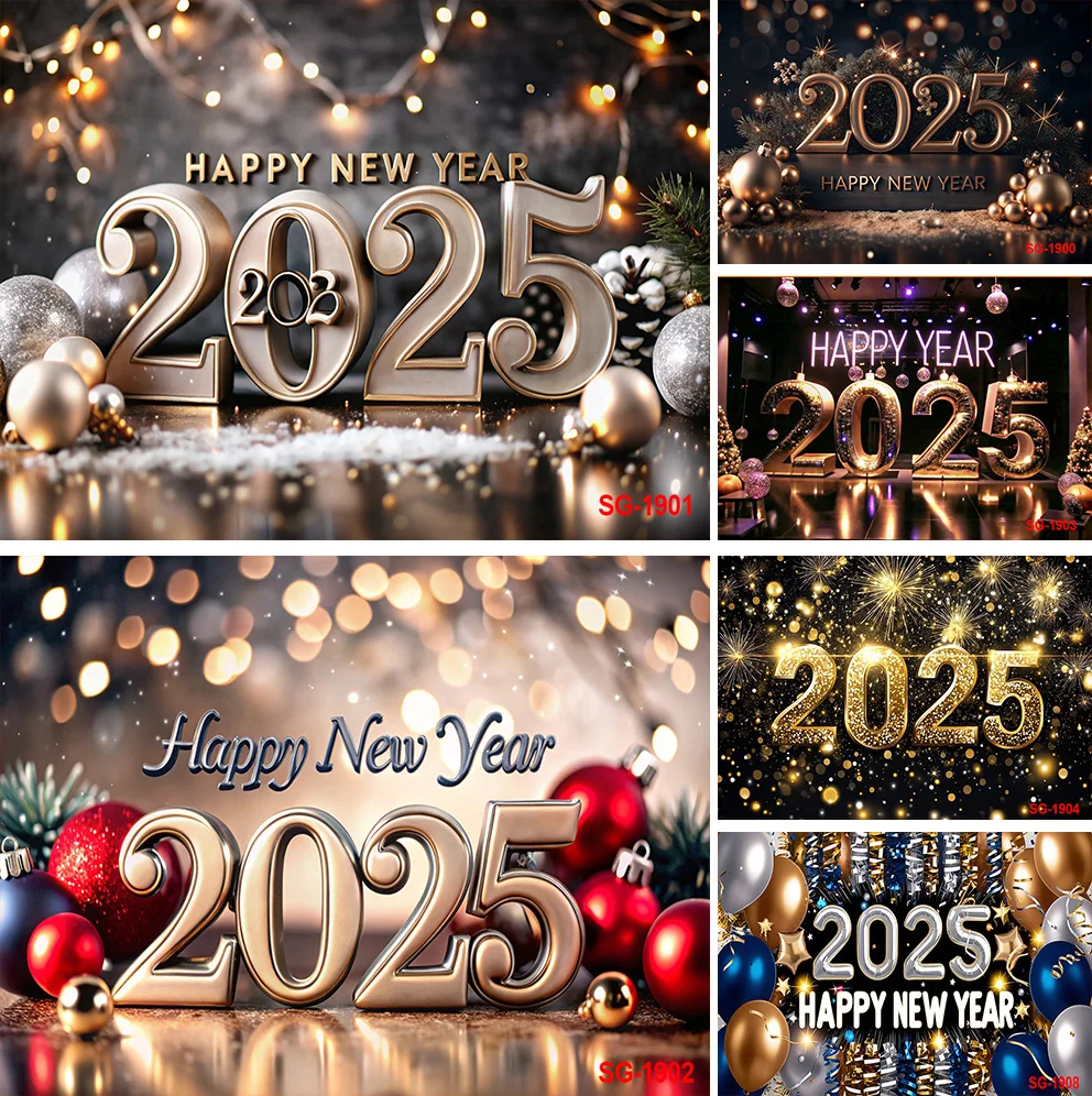 

2025 Happy New Year Photography Backdrop New Year's Eve Party Balloon Firework Clock Champagne Christmas Family Photo Background