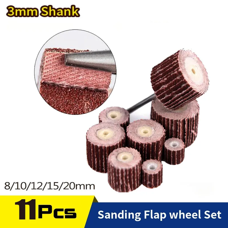 

11PCS 3mm Shank Sander Abrasive Tools Sanding Flap Set Grinding Wheel Head Sandpaper Rust Removal for Dremel Rotary Tools