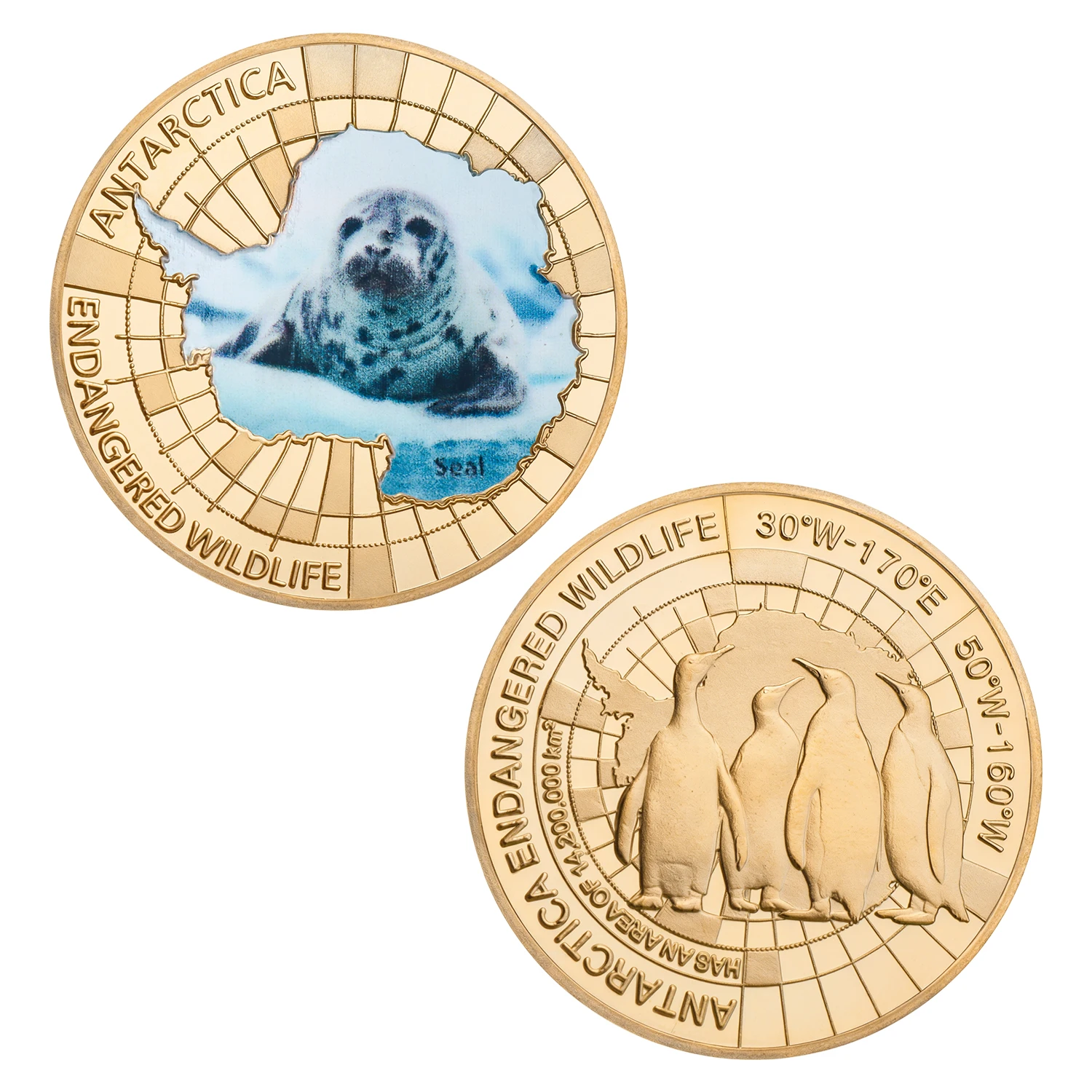 5pcs Antarctica Endangered Wildlife Commemorative Coin Set Gold Plated Penguin, Whale Collectible