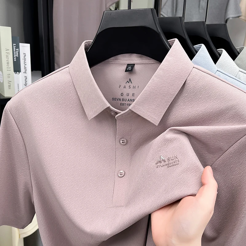 

Высококачественная бесшовная футболка с короткими рукавами из ледяного шелка, летняя новая стильная мужская рубашка-поло с лацканами, повседневная и дышащая мужская одежда