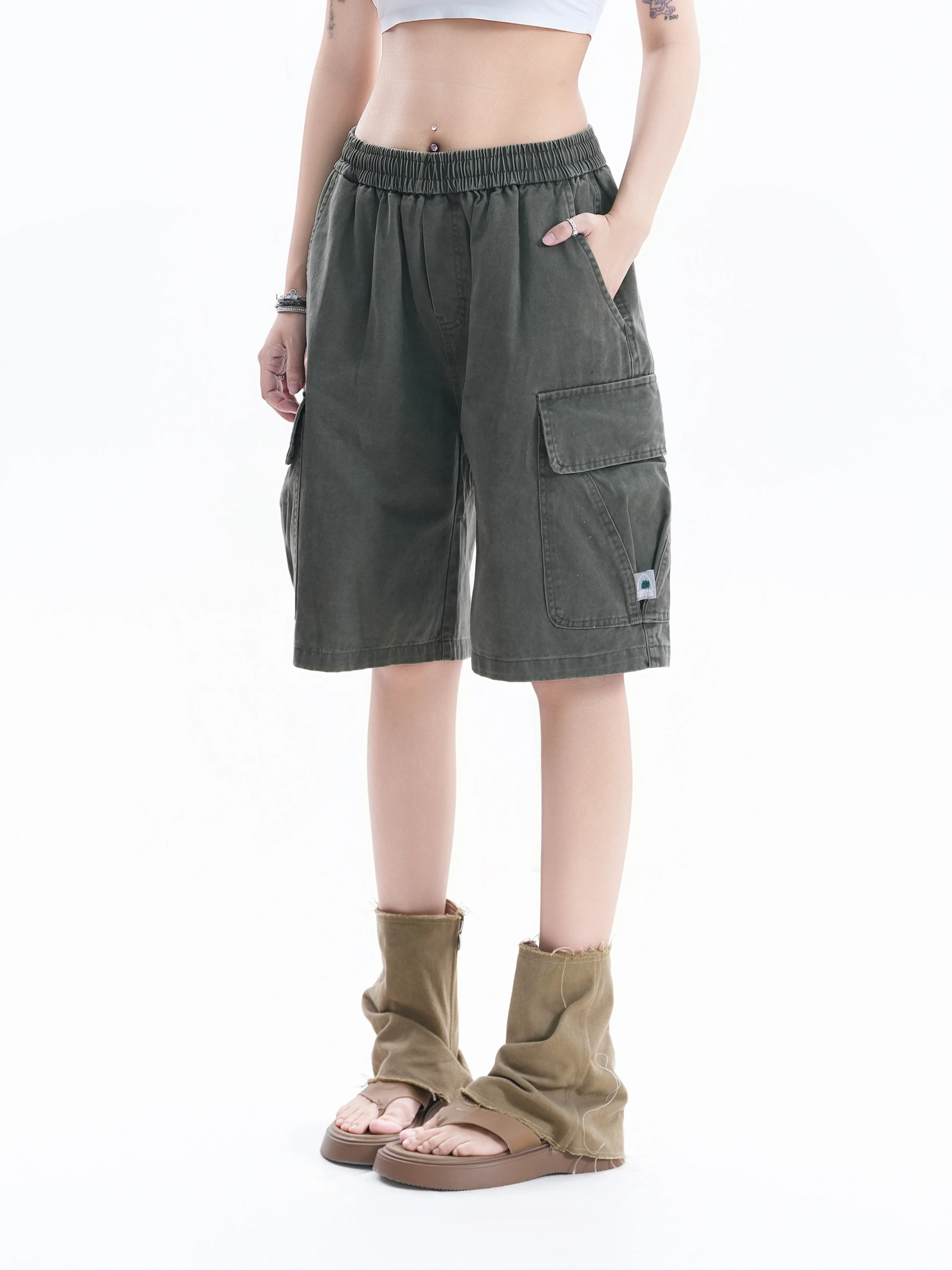 American Style Workwear Short Pants Women Summer Loose Straight Cut Slimming Neutral Multi Pocket Retro Five-Point Mid-Pants