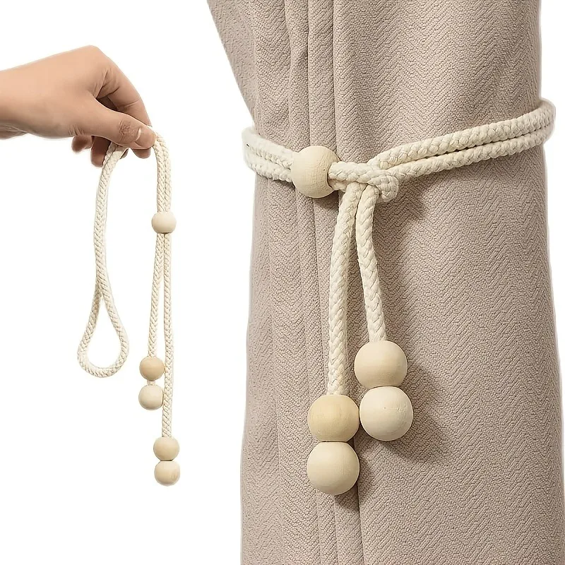 2 PCS Wooden Bead Curtain Straps - Adjustable Tightness Home Curtain Accessories - Suitable for Living Room, Bedroom, Office