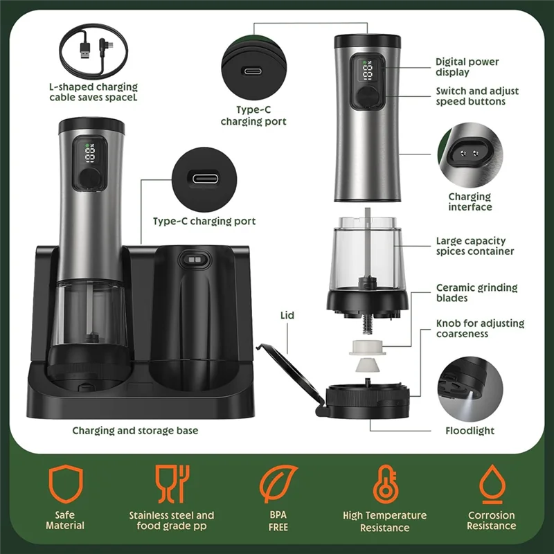 

A98I-Electric Salt And Pepper Grinder Set Adjustable Grinding Speed Coarseness Rechargeable For Kitchen 1 SET