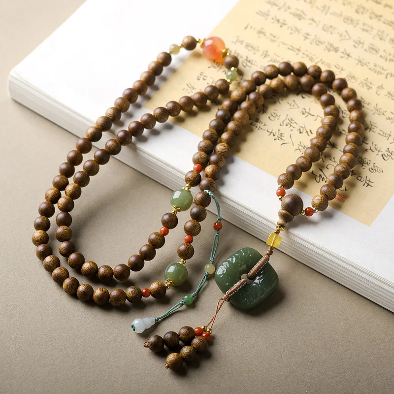 Original handcrafted multi-strand bracelet made from aged agarwood Natural Hetian jade peace knot pendant new Chinese style