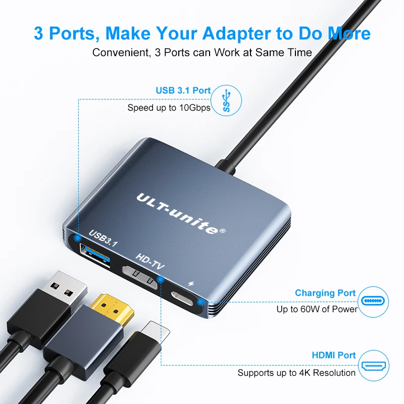 

Адаптер-концентратор 3-в-1 с USB Type C на HDMI, DP 4K 60 Гц, конвертер PD100W USB 3,1 2,0 для Macbook PC Switch