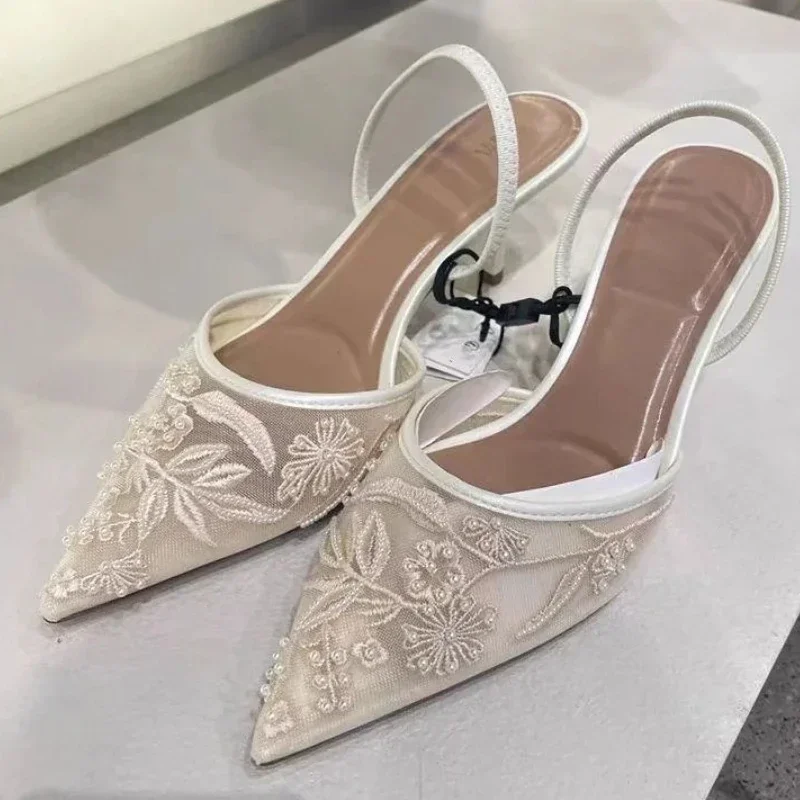 Mesh Embroidered Brand Sandals Women String Bead Thin Heels Mules Shoes Pointed Toe Slingback Slippers Women Zapatos De Mujer