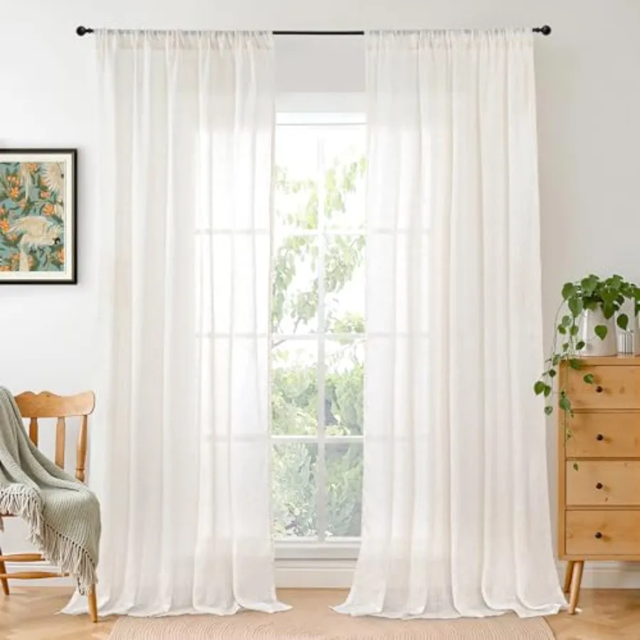 Linen Sheer Curtains 84 Inches Long 2 Panels Set for Living Room - Light Filtering Drapes with Rod Pocket Lightweight Window Tr