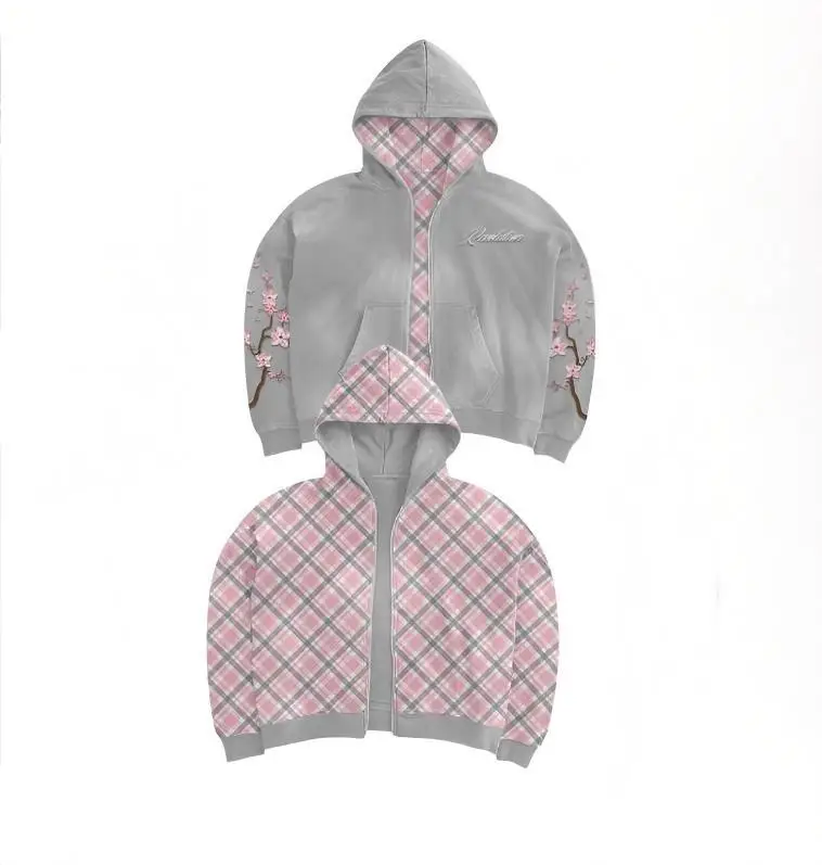 Y2K خمر زهر الكرز التطريز قلنسوة بسحاب Harajuku فضفاض عكسها بسيطة شبكة سترة الرجال النساء معطف الوردي الشارع الشهير