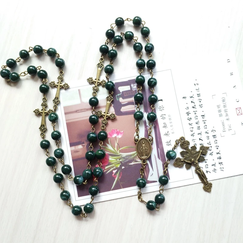 Blue Acrylic Beads Rosary Necklace Crucifix Pendant Long Catholic Jewelry For Men Women