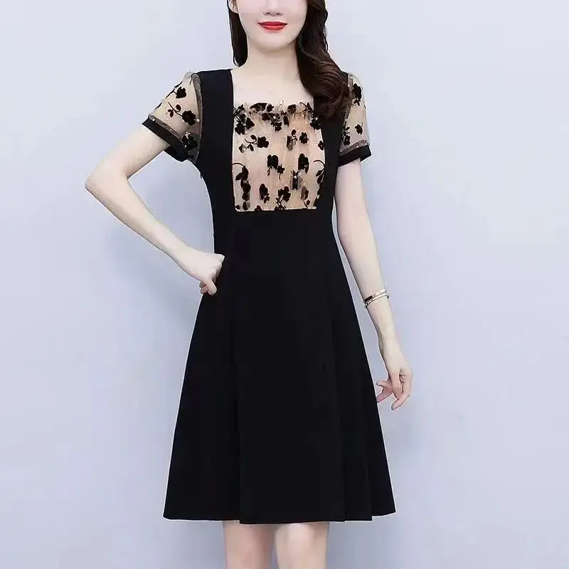 2024 Summer New Women\'s Fashion Elegant Slim Contrast Color Spliced Ruffles Square Collar Short Sleeve Gauze Printed Dress