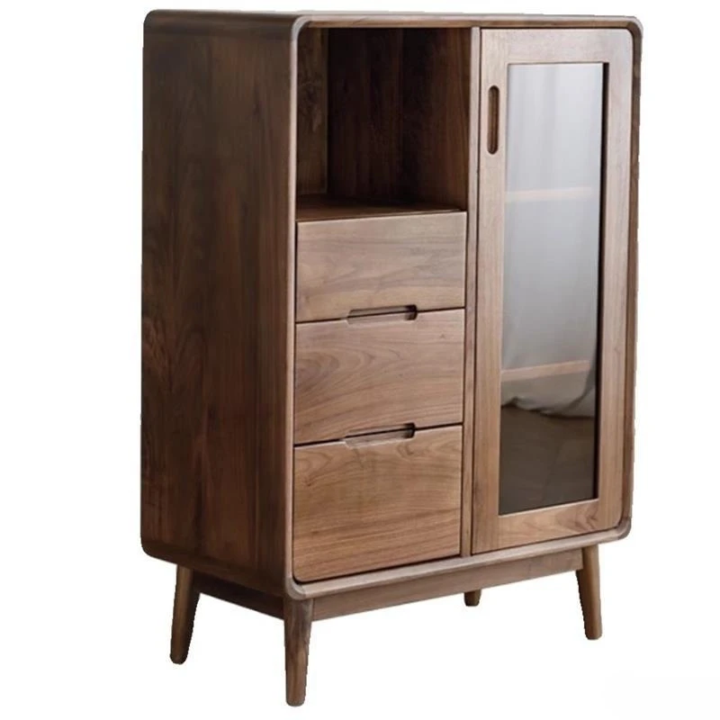 

Black walnut solid wood side wine dining side cabinet TV cabinet all solid wood bookcase glass door log