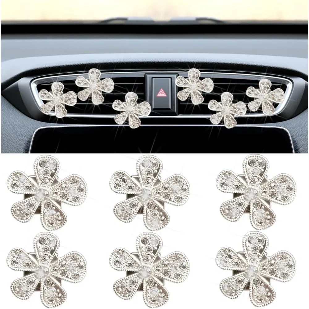 

6pcs bling daisy flower car air vent clip, crystal rhinestone vehicle air vent outlet clip, cute auto air conditioning clip cha