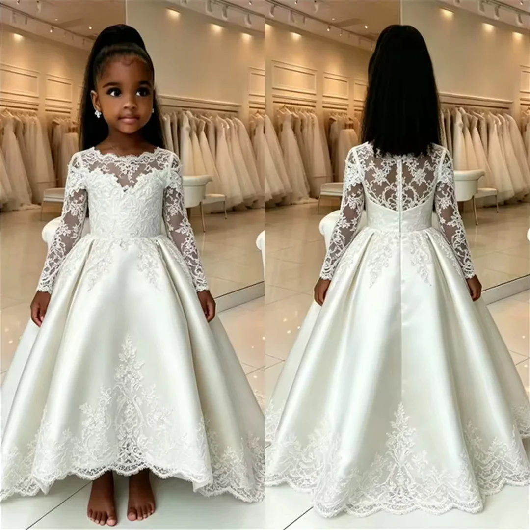 Girls Lace Long Sleeve Pageant Dresses 2026 Elegant Hand Embroidered Satin Trailing Flower Girl Dresses Girls Wedding Party