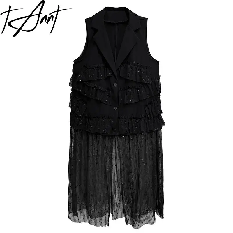 

Tannt Women Coat Asymmetry Mesh Patchwork Sleeveless Black Vest Coats Irregular Fashion Loose Long Women Overcoat 2025 New