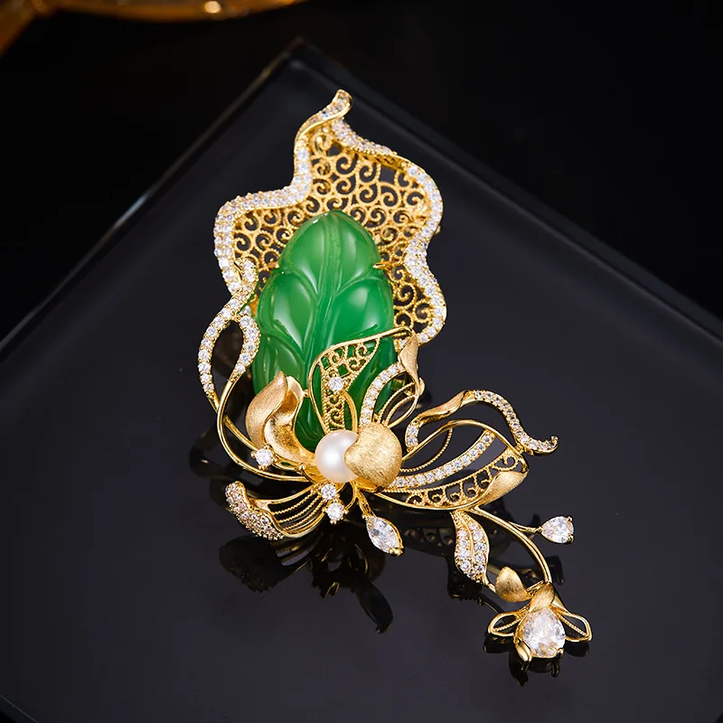 Jade Magnolia Brooch with Faux Pearl, Hollow Carved Lapel Pin for Qipao Coat Women