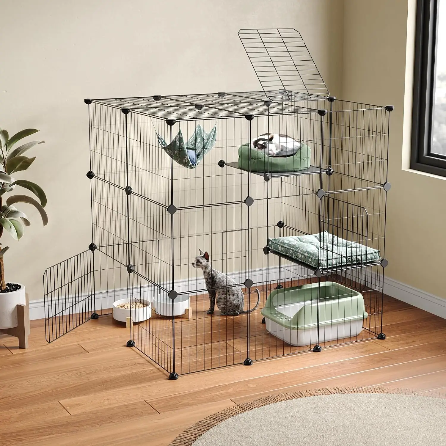 

3-Tier Indoor Cat Cage Playpen with Detachable Metal Wire, Large Exercise Space for 1 Cat, 35.4 Inches