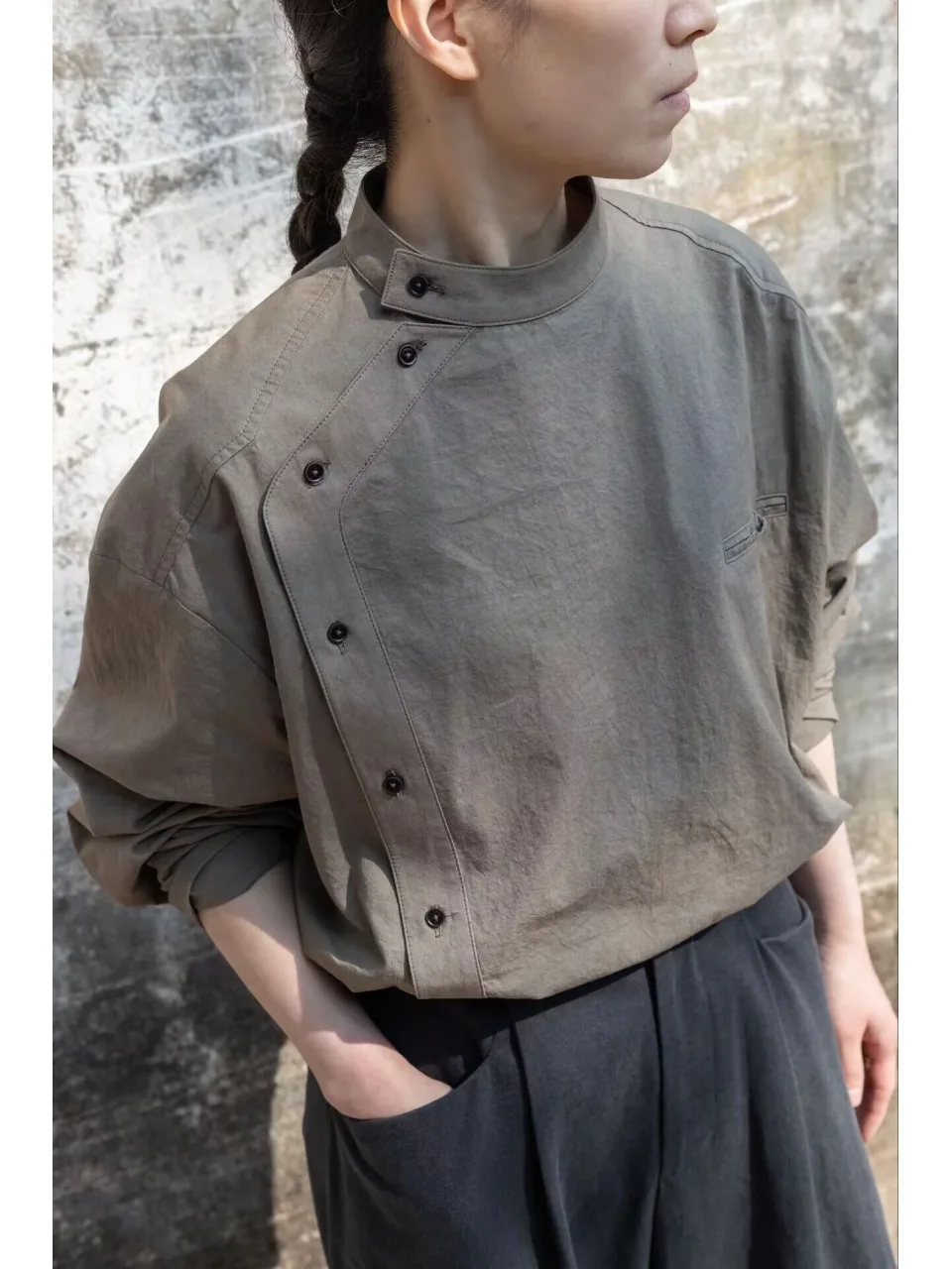 Retro chino Sle ey marrón Stand Collar irt mujer primavera Casual alto diseño largo Sve Top Ele Faionable