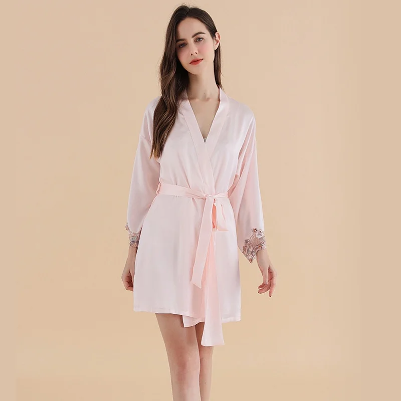 Long Sleeve Silk 2-Piece Robe With Nighgown Set Embroidery Lace Nightwear Women 100% Mulberry Silk Pajamas Crepe Satin Robes