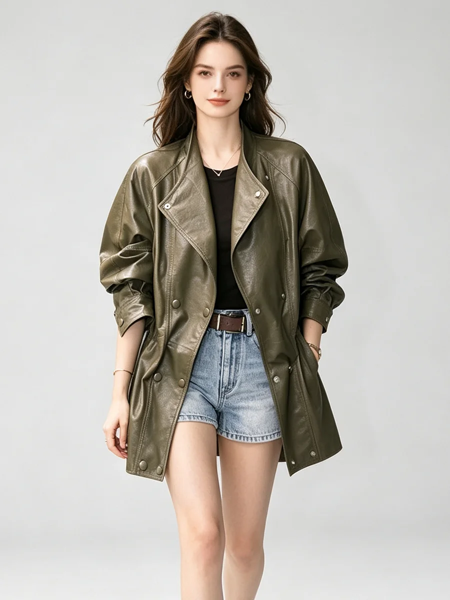 LIMO Women Stand Collar Faux Leather Jacket Drawstring Waist Double Breasted Loose Windproof Street Outer Coat