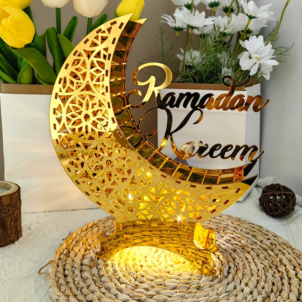 Ramadan Kareem Decoration with LED Night Light Acrylic Mirror Moon Castle Eid Mubarak Al-Fitr Tabletop Ornament DIY Party Gifts