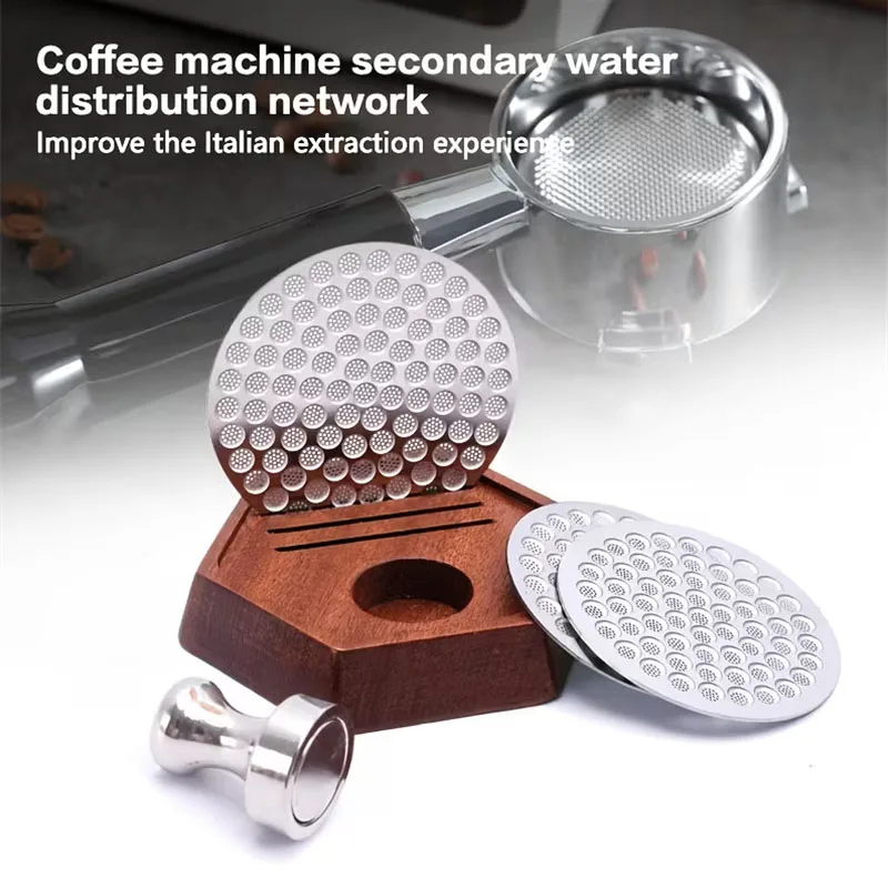 51/53/58mm Coffee Espresso Puck Screen Set with Magnetic Handle and Hexagonal Wooden Storage Base Espresso Machine Additions
