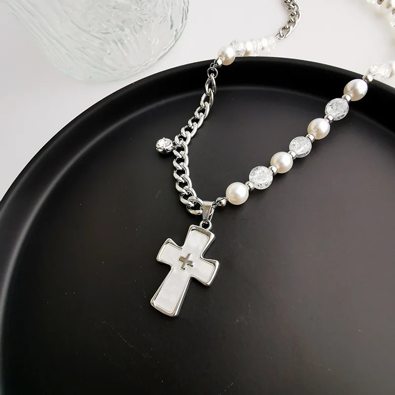 DUTRIEUX Cross Necklaces Vintage Rhinestone Cross Long Pendant Necklace Pearl Beaded Choker Cool Punk Jewelry Gift for Women