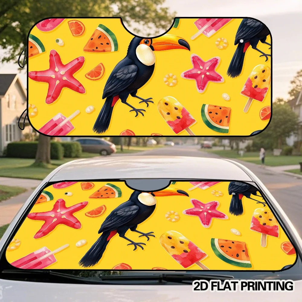 2D Flat Printing, 1pc Summer Tropical Fun Scene Print Polyester Car Front Windshield Shade, Universal Fit And Easy to Store