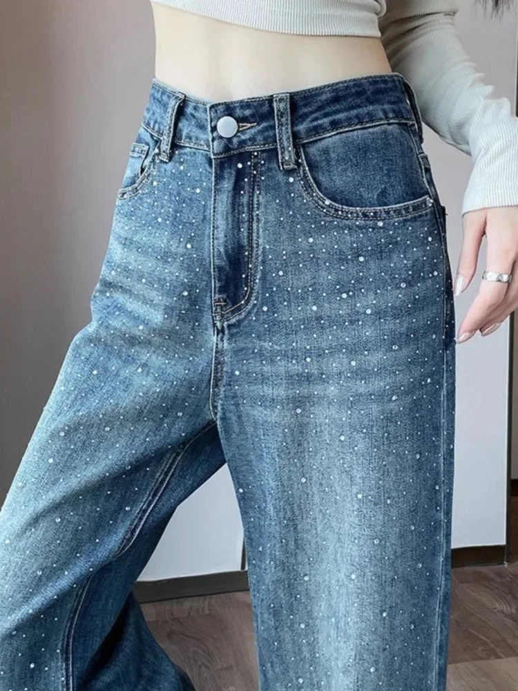 Fashion Y2k Hot Drilling Jeans High Waist Wide Leg Pants Spring Street Casual Plus Size Loose Denim Straight Legs Trousers Women