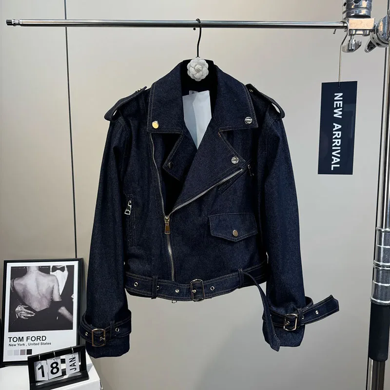 

2025 New Fashion Navy Blue Long Sleeve Denim Jeans Jacket Coat Tops