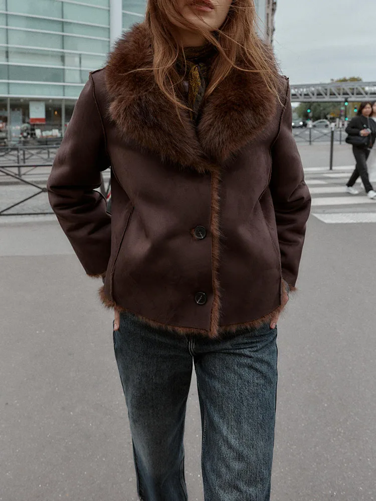 

Ele Double-Sided Artificial Fur Effect Jaet Autumn New Arrival Women's Faion Quali Outerwear Long Sve Button Clo...