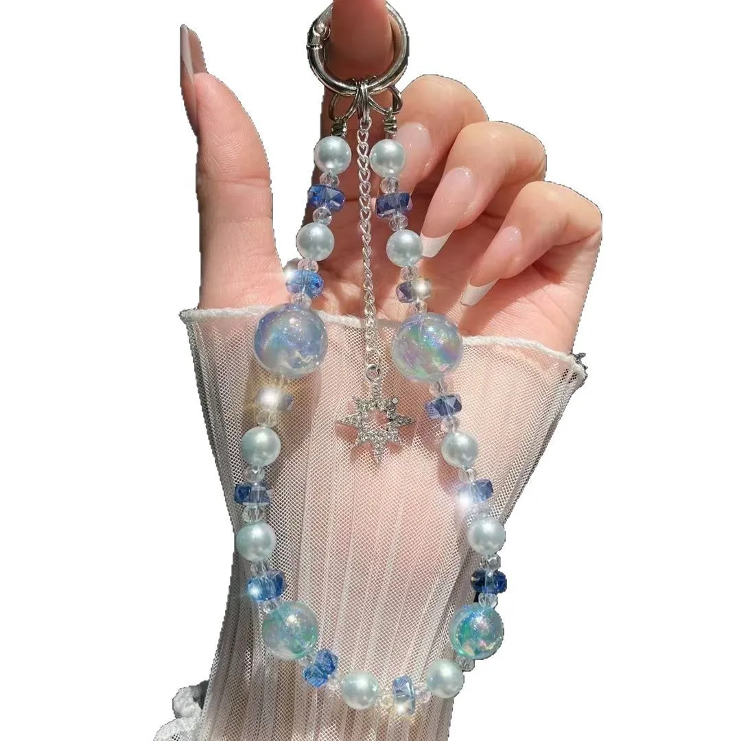 High-end Pearl Mobile Phone Pendant Chain Glitter Round Beads Hand-strung Beads Crystal Star Car Keychain Pendant Bracelet