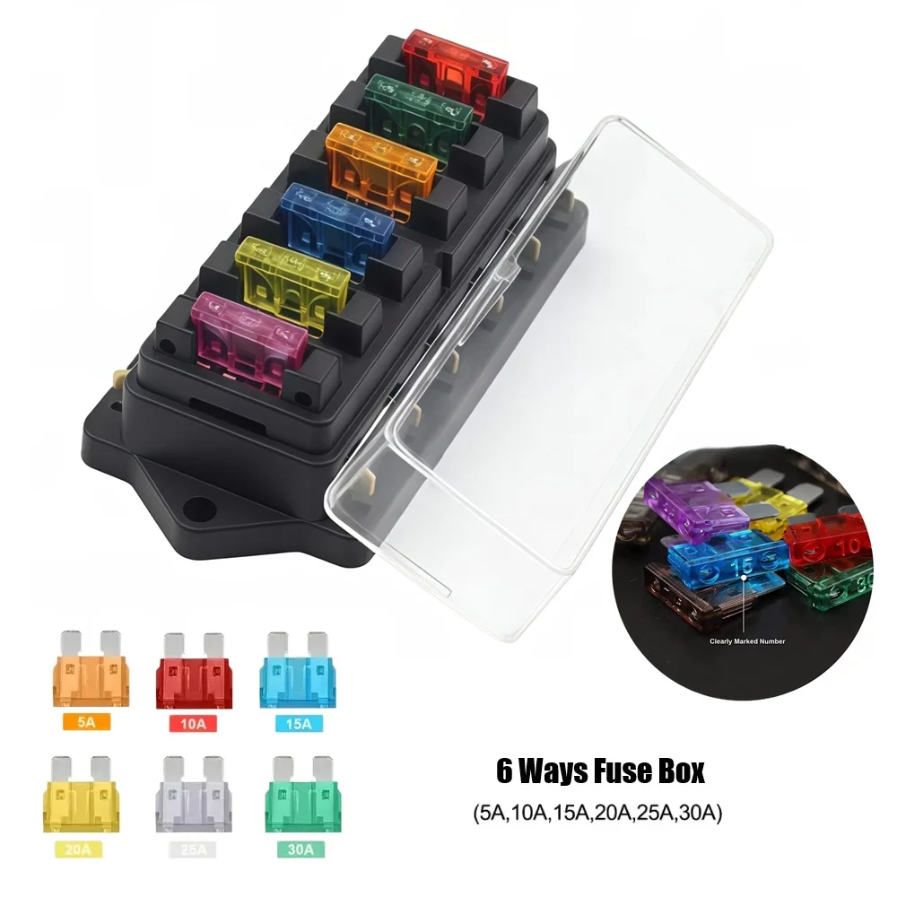 5A-30A 6 Ways Car Blade Fuse Box 12V 24V Standard Circuit Holder Block Power Accessories Set Panel For SUV Board Yacht RV Truck