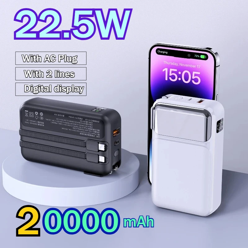 

22,5 Вт Power Bank с быстрой зарядкой, 20000 мАч, большая емкость со встроенной вилкой переменного тока, внешний аккумулятор для IPhone, Samsung, Xiaomi, Huawei