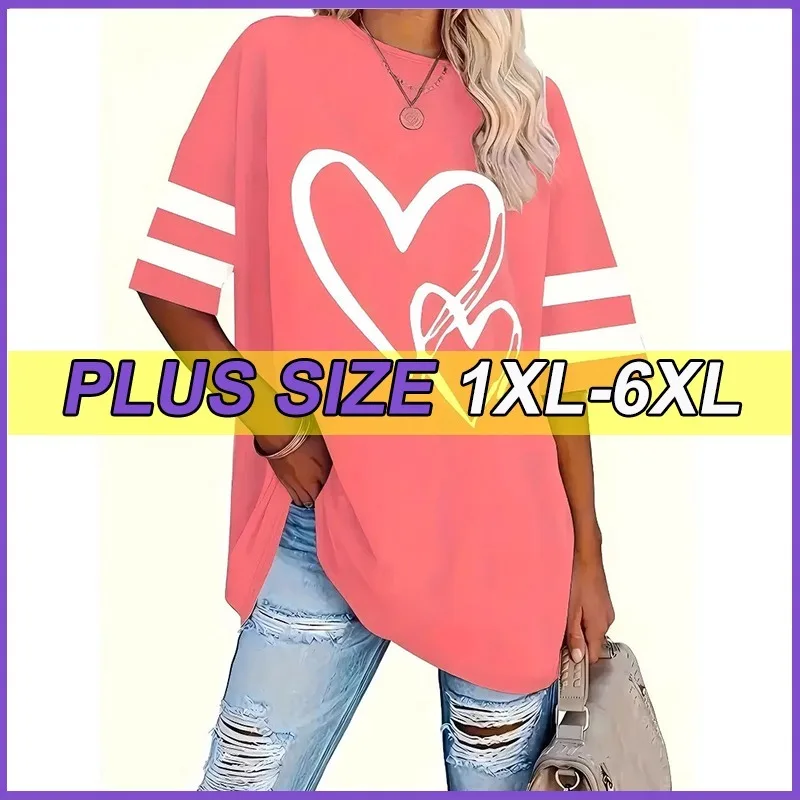 

Plus Size T-Shirts Women Casual Short-sleeved Tops 4XL 5XL 6XL Love Print Elegant Comfortble Pullover Tees For Spring And Summer