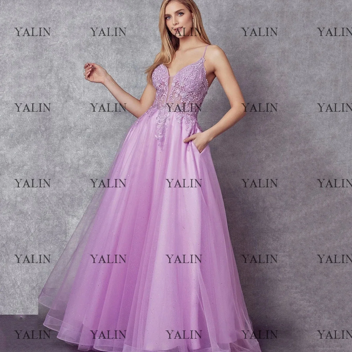 YALIN Charming Embroidered With Stones Evening Dresses Floor Length Red Lace Beading Tulle Prom  A-Line Homecoming Gowns