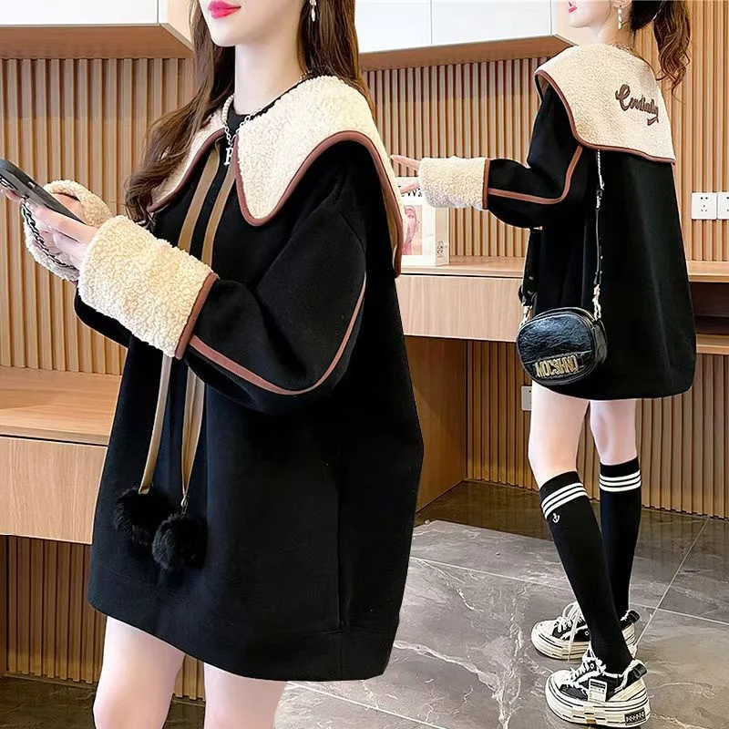 

Autumn And Winter 2025 Thin Embroidered Sweater Women's Long Section Loose And Slim mm Western Style Plus Velvet Padded Jacket