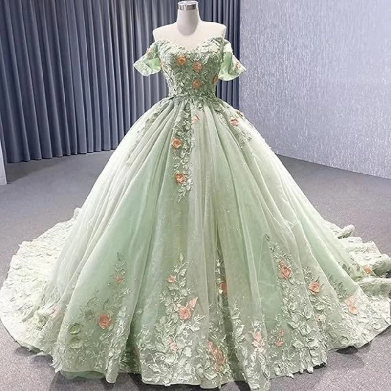 

Custom Off The Shoulder Green Quinceanera Dresses 3D Flowers Lace Applique Mexican Prom Birthday Sweet 16 Dress Vestidos De Anos